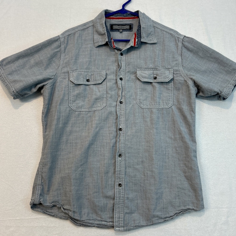 pd&c Men's Shirt Short Sleeve Button Down Size Large Gray Pockets Cotton